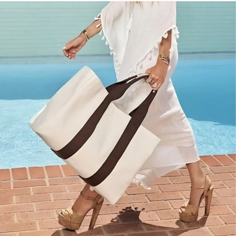 Le Bar Marché La Plage Oversized Vacay Canvas Beach/Pool Tote Cream/Brown  NWT